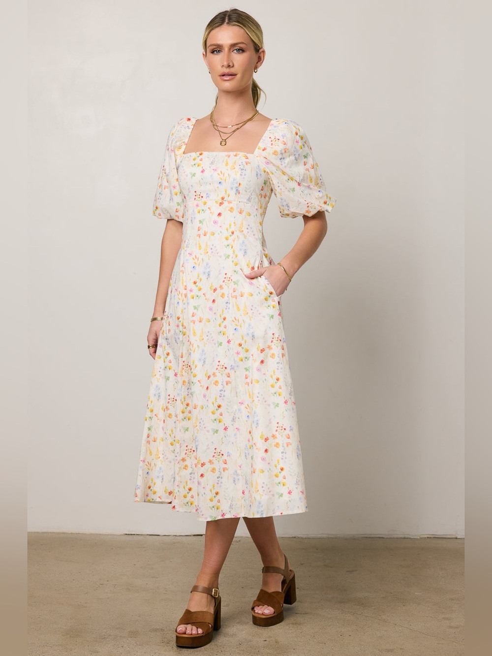 Bohme Claire Floral Midi Dress Watercolor Floral size XL Cotton Spring Puff